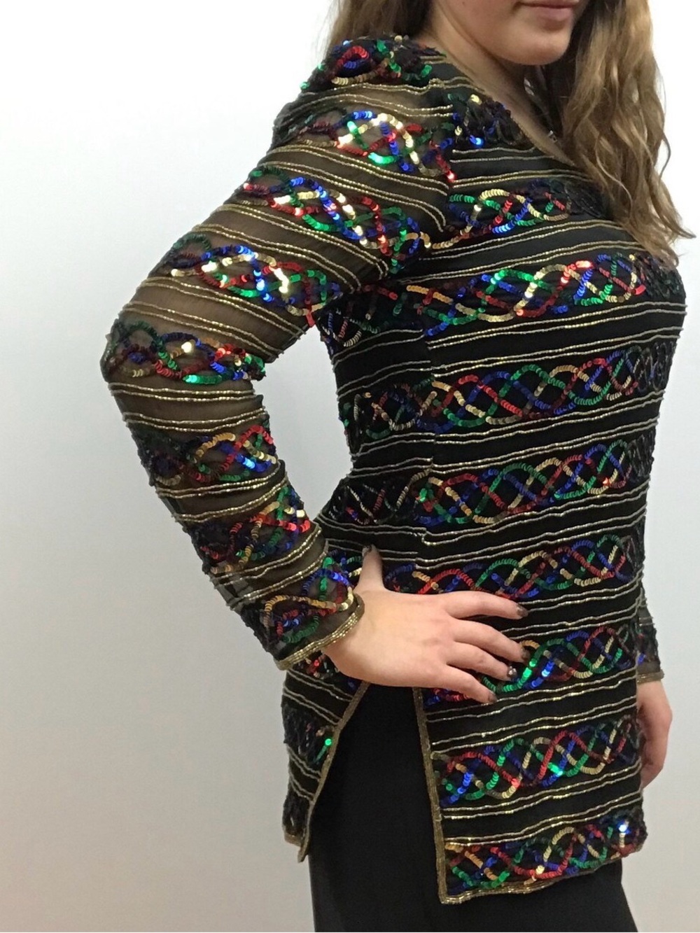 Vintage Stenay 100% Silk Sequin Tunic Top Black Multicolor Women's M